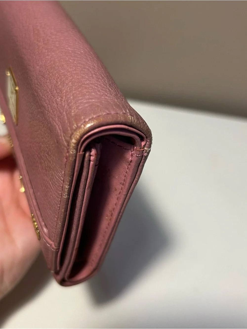 MCM Blush Pink Mauve Leather Wallet Gold Plaque READ